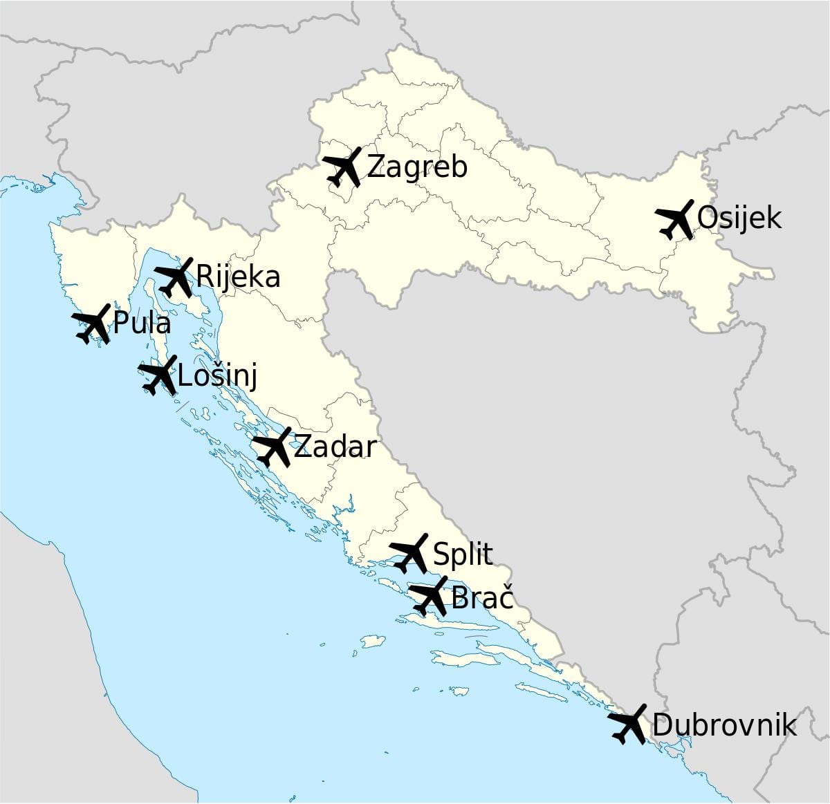 térkép horvátország mutatja repülőterek
